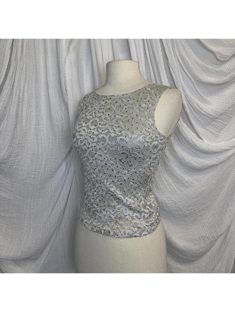 Y2K Petite Silver Floral Lace Gemmed Sleeveless Top - Picture 3 of 6